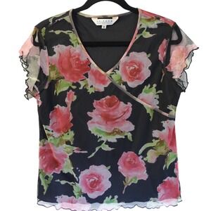 Vintage 90s Floral Mesh Top Medium Black Pink Sheer Stretch Fairy Whimsigoth